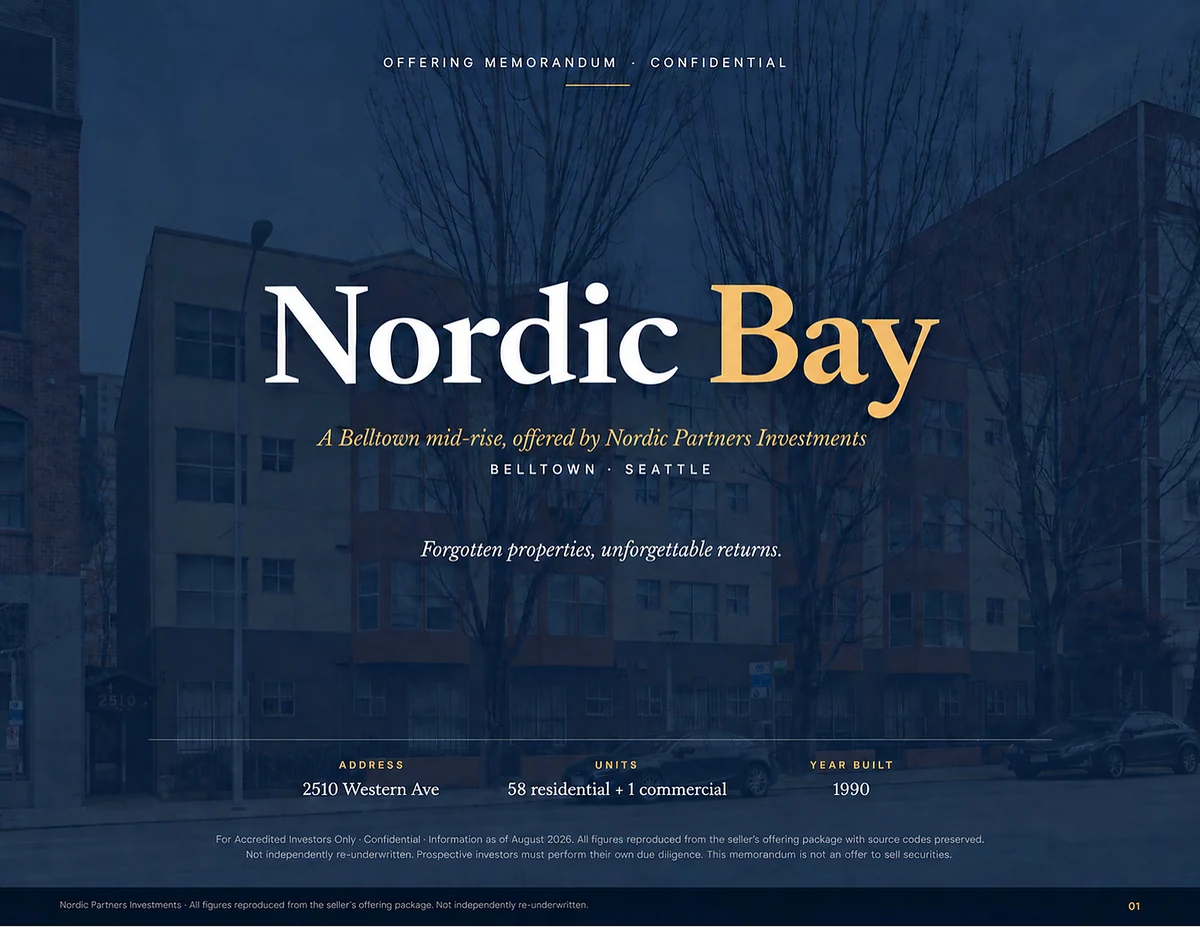 Nordic Bay cover: a Belltown mid-rise at 2510 Western Ave, Seattle. 58 residential units plus 1 commercial, built 1990.